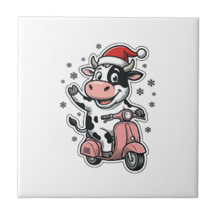 Weihnachtskuh fährt auf rosa Roller Vintage Vektor Fliese