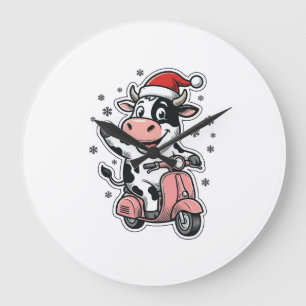 Weihnachtskuh fährt auf rosa Roller Vintage Vektor Große Wanduhr