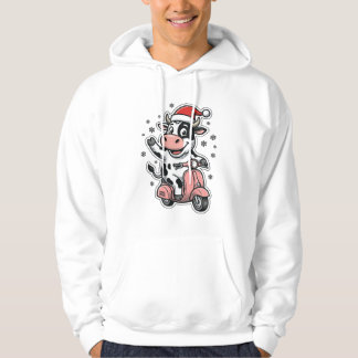 Weihnachtskuh fährt auf rosa Roller Vintage Vektor Hoodie