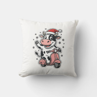Weihnachtskuh fährt auf rosa Roller Vintage Vektor Kissen