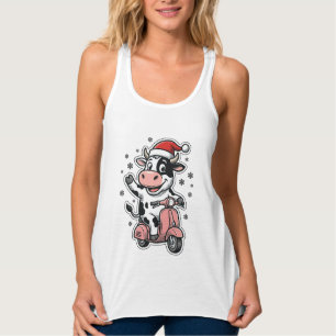 Weihnachtskuh fährt auf rosa Roller Vintage Vektor Tank Top