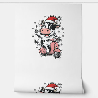 Weihnachtskuh fährt auf rosa Roller Vintage Vektor Tapete