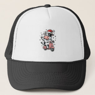 Weihnachtskuh fährt auf rosa Roller Vintage Vektor Truckerkappe