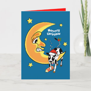 Weihnachtskuh fiel über den Mond Feiertagskarte