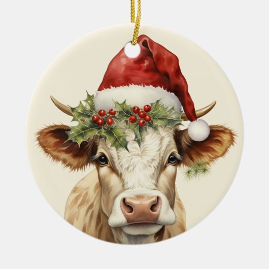 Weihnachtskuh fügt Text Aquarell Keramik Ornament (Vorne)