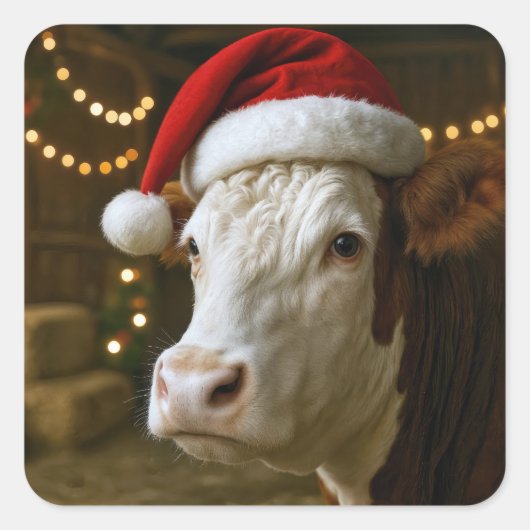 Weihnachtskuh mit Santa-Hut Quadratischer Aufkleber (Vorderseite)