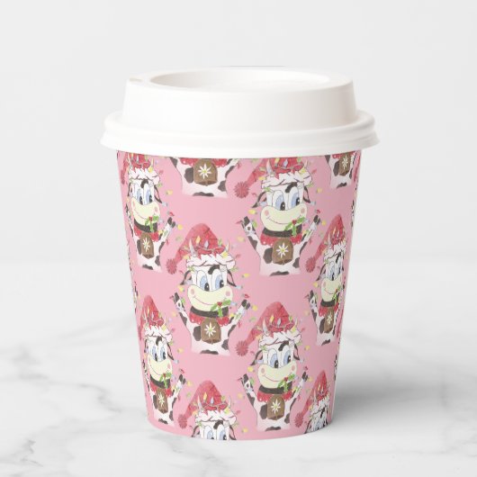 Weihnachtskuh Muster rosa Papiertasse mit Deckel Pappbecher (Rückseite)