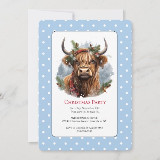 Weihnachtskuh Party Blue Highland Einladung (Vorderseite)