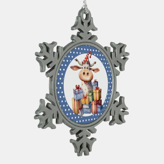 Weihnachtskuh Schneeflocken Zinn-Ornament (Links)