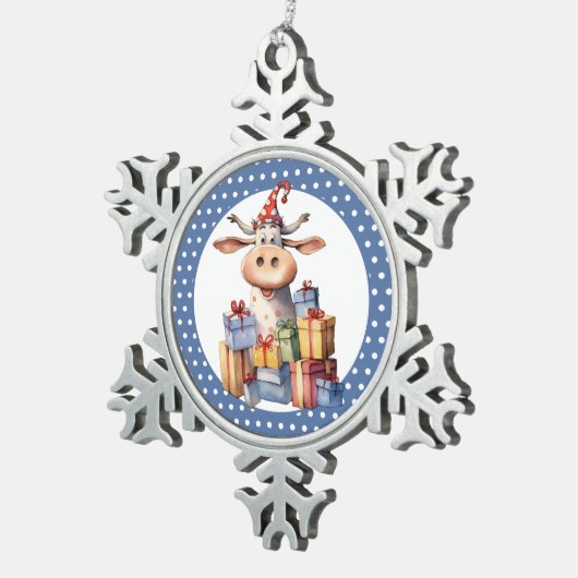 Weihnachtskuh Schneeflocken Zinn-Ornament (Rechts)