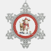 Weihnachtskuh Schneeflocken Zinn-Ornament (Vorderseite)