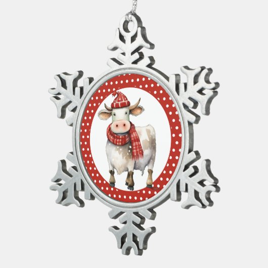 Weihnachtskuh Schneeflocken Zinn-Ornament (Rechts)