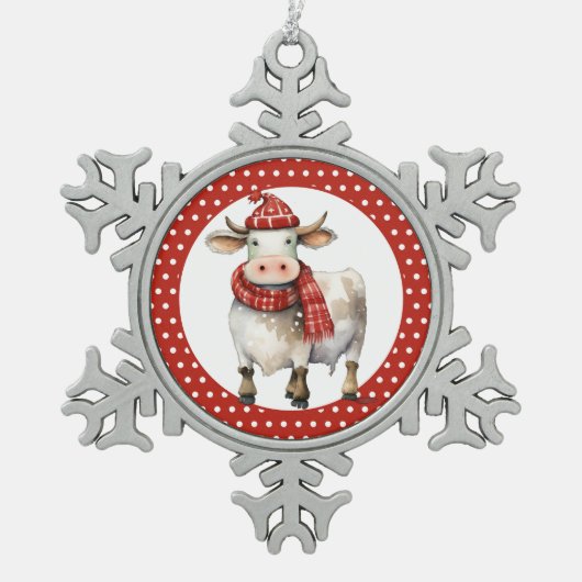 Weihnachtskuh Schneeflocken Zinn-Ornament (Vorderseite)