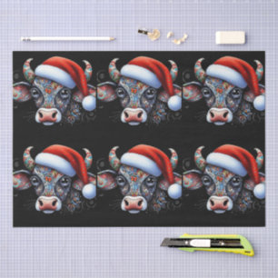 Weihnachtskuh Stier m/Santa-Hut Folk Art Decoupage Seidenpapier