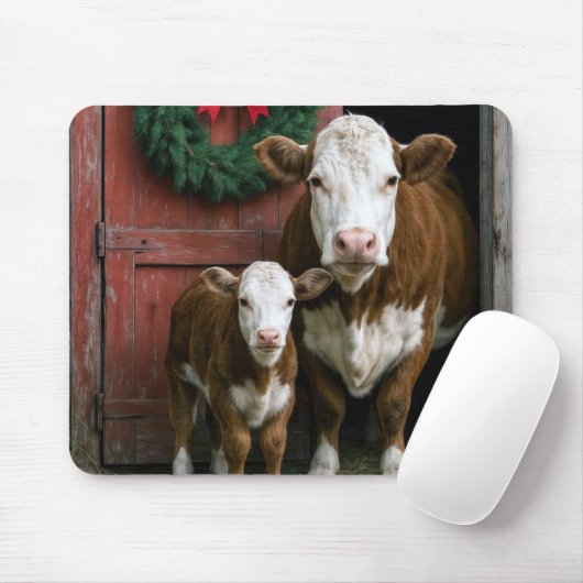Weihnachtskuh und Kalb der Rasse Hereford Mousepad (Mit Mouse)