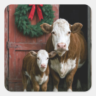 Weihnachtskuh und Kalb der Rasse Hereford Quadratischer Aufkleber