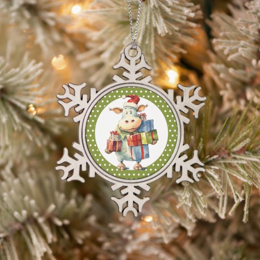 Weihnachtskuh-Wortspiel Schneeflocken Zinn-Ornament (Baum)