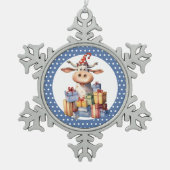 Weihnachtskuh-Wortspiel Schneeflocken Zinn-Ornament (Vorderseite)
