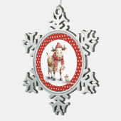 Weihnachtskuh-Wortspiel Schneeflocken Zinn-Ornament (Rechts)