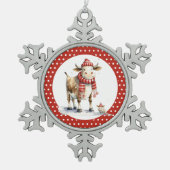 Weihnachtskuh-Wortspiel Schneeflocken Zinn-Ornament (Vorderseite)