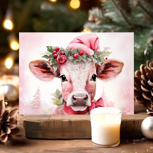 Weihnachtskühe in Weihnachtsmannmütze Feiertagskarte