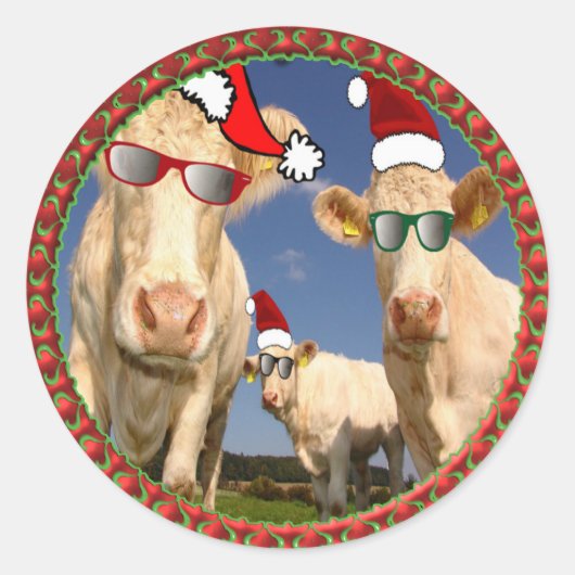 Weihnachtskühe mit Brillengläsern und roten Weihna Runder Aufkleber (Vorderseite)