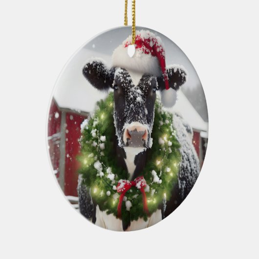 Weihnachtskühe mit einer Weihnachtsmannmütze Keramik Ornament (Rechts)