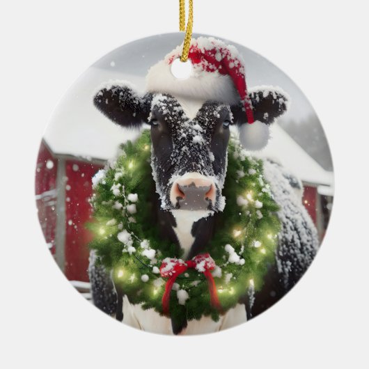 Weihnachtskühe mit einer Weihnachtsmannmütze Keramik Ornament (Vorne)