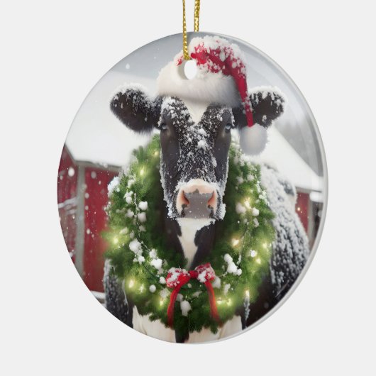 Weihnachtskühe mit einer Weihnachtsmannmütze Keramik Ornament (Links)