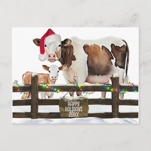 Weihnachtskühe mit Weihnachtsmannmütze Feiertagspostkarte (Vorderseite)