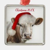 Weihnachtskühe mit Weihnachtsmannmütze Ornament Aus Metall (Vorne)