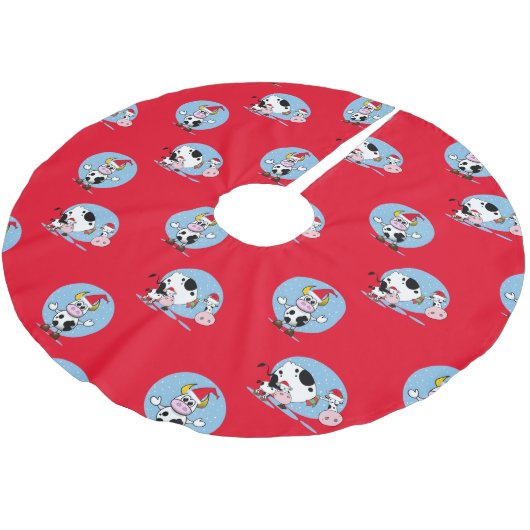 Weihnachtskühe mit Weihnachtsmannmützen Baumrock Polyester Weihnachtsbaumdecke (Schrägansicht)