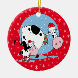 Weihnachtskühe mit Weihnachtsmannmützen Keramikornament