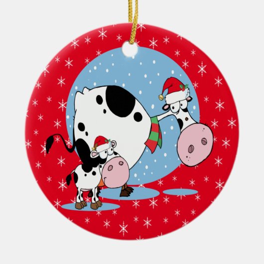 Weihnachtskühe mit Weihnachtsmannmützen Keramikornament (Vorne)