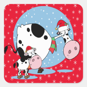 Weihnachtskühe mit Weihnachtsmannmützen Quadratischer Aufkleber