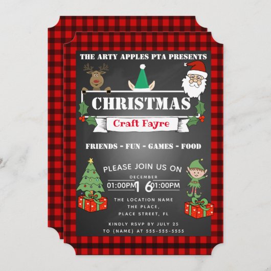 Weihnachtskunst Party Spendenaktion kariert Einladung (Vorne/Hinten)