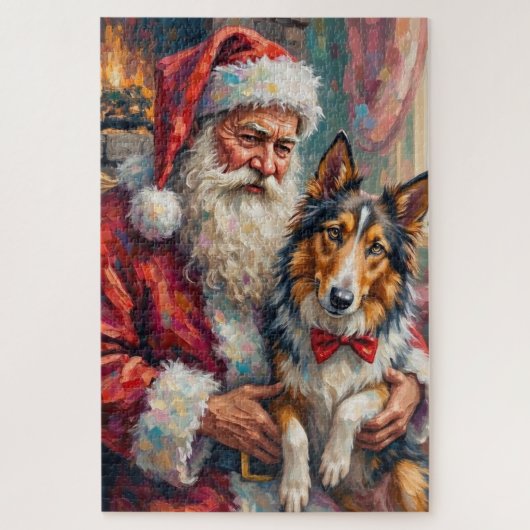 Weihnachtskunst: Santa Claus mit Rough Collie Puzzle (Vertikal)