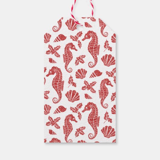 Weihnachtsküste Seepferd Roter Glitzer Geschenkanhänger (Rückseite)