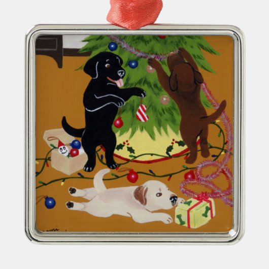 Weihnachtslabrador-Malerei Silbernes Ornament (Vorne)