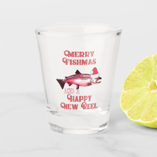 Weihnachtslachs Fischen Pub Weihnachtsmannmütze Schnapsglas