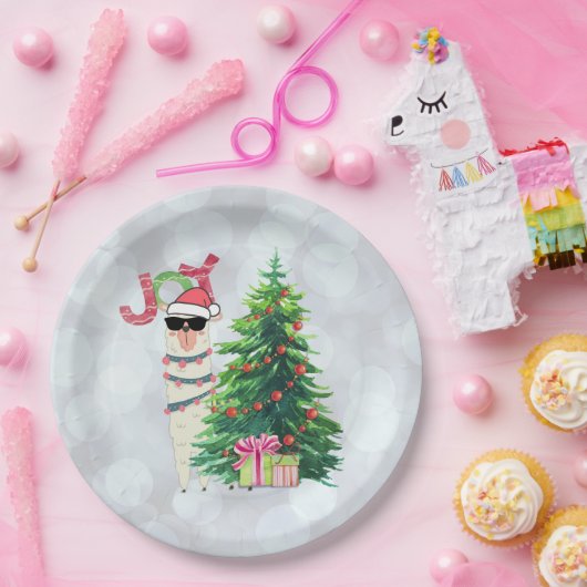 Weihnachtslama | Joy Typografy | Silver Bokeh Pappteller (Party)