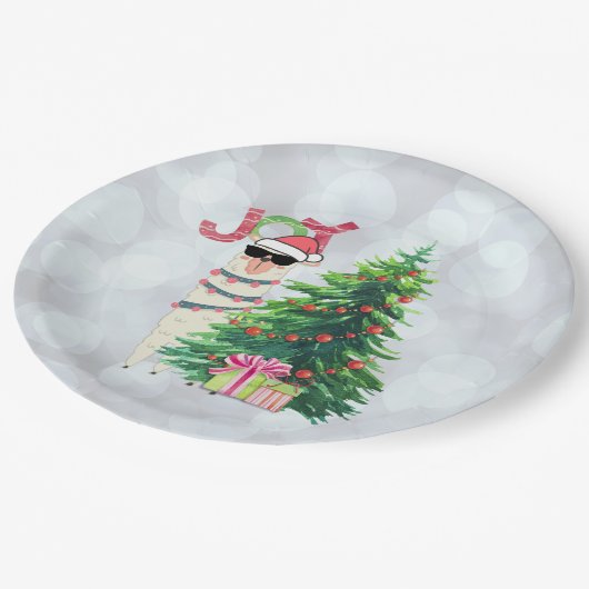 Weihnachtslama | Joy Typografy | Silver Bokeh Pappteller (Schrägansicht)