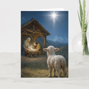 Weihnachtslamm beobachtet die Krippenszene Karte
