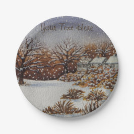 Weihnachtsländliche Hüttenschnee-Szenenkunst Pappteller