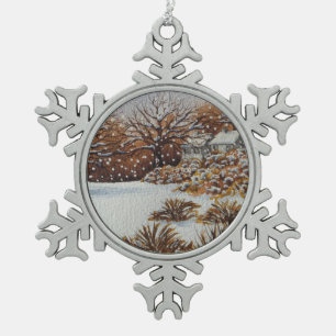 Weihnachtsländliche Hüttenschnee-Szenenkunst Schneeflocken Zinn-Ornament