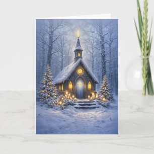 Weihnachtsländliche Kirche im Wald mit Lichtern Karte