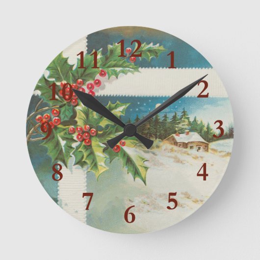 Weihnachtslandschaft Holly Snow Winter Runde Wanduhr (Vorderseite)