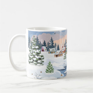 Weihnachtslandschaft im Winter mit schneebedecktem Kaffeetasse