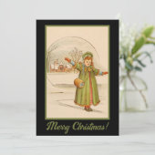 Weihnachtslandschaft Kindermädchen Grünes Kleid Feiertagskarte (Stehend Vorderseite)