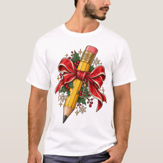 Weihnachtslehrer Bleistift Rote Schleife Feiertags T-Shirt